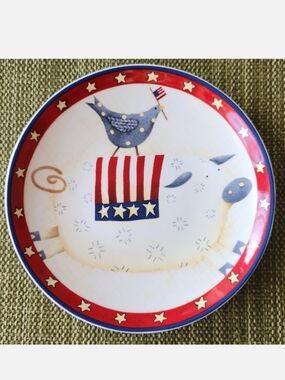 Rare DEBBIE MUMM US FLAG Bird Pig Platter Patriotic Vintage